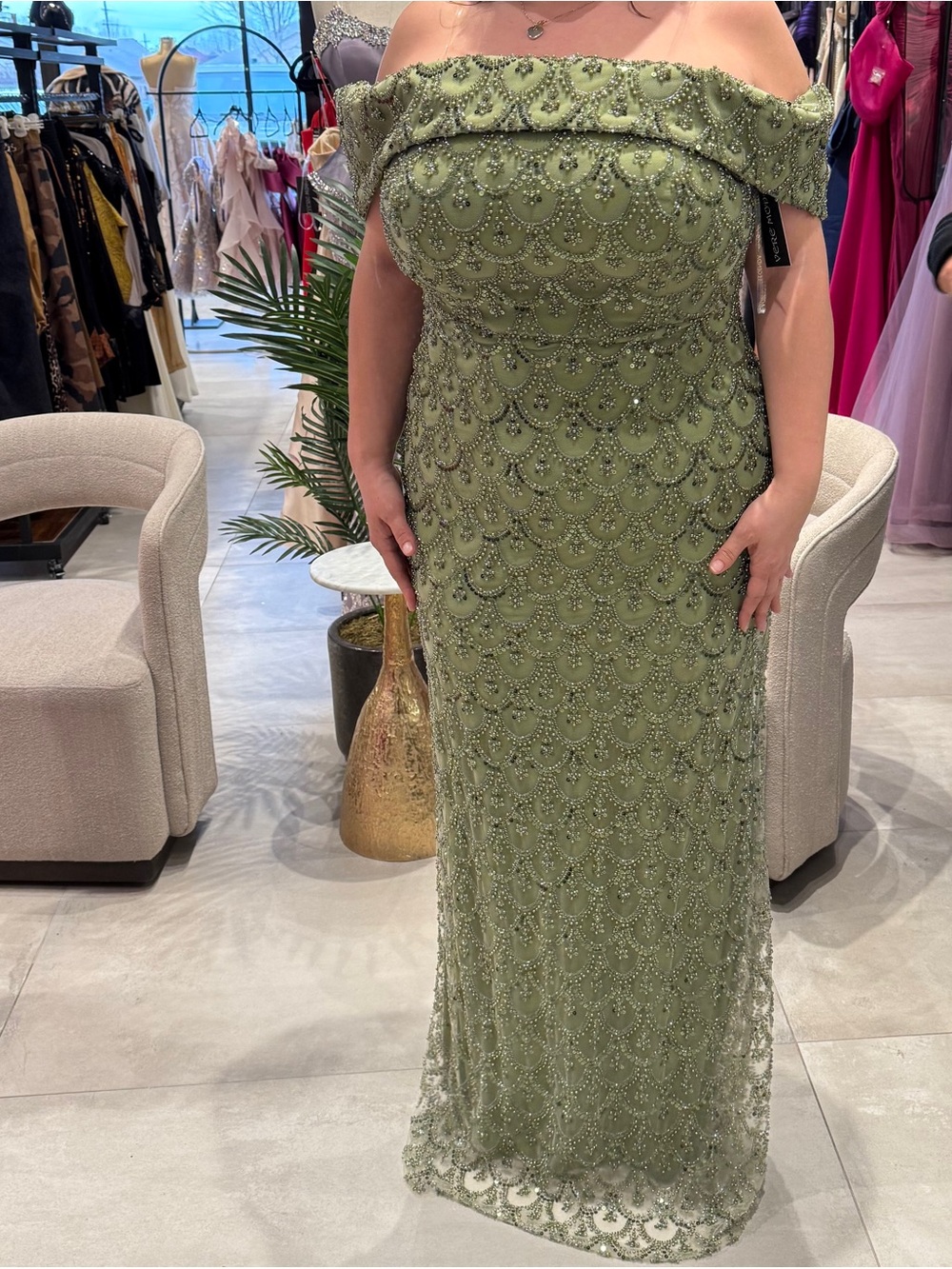 Off-Shoulder Olive Green Beaded Evening Dress